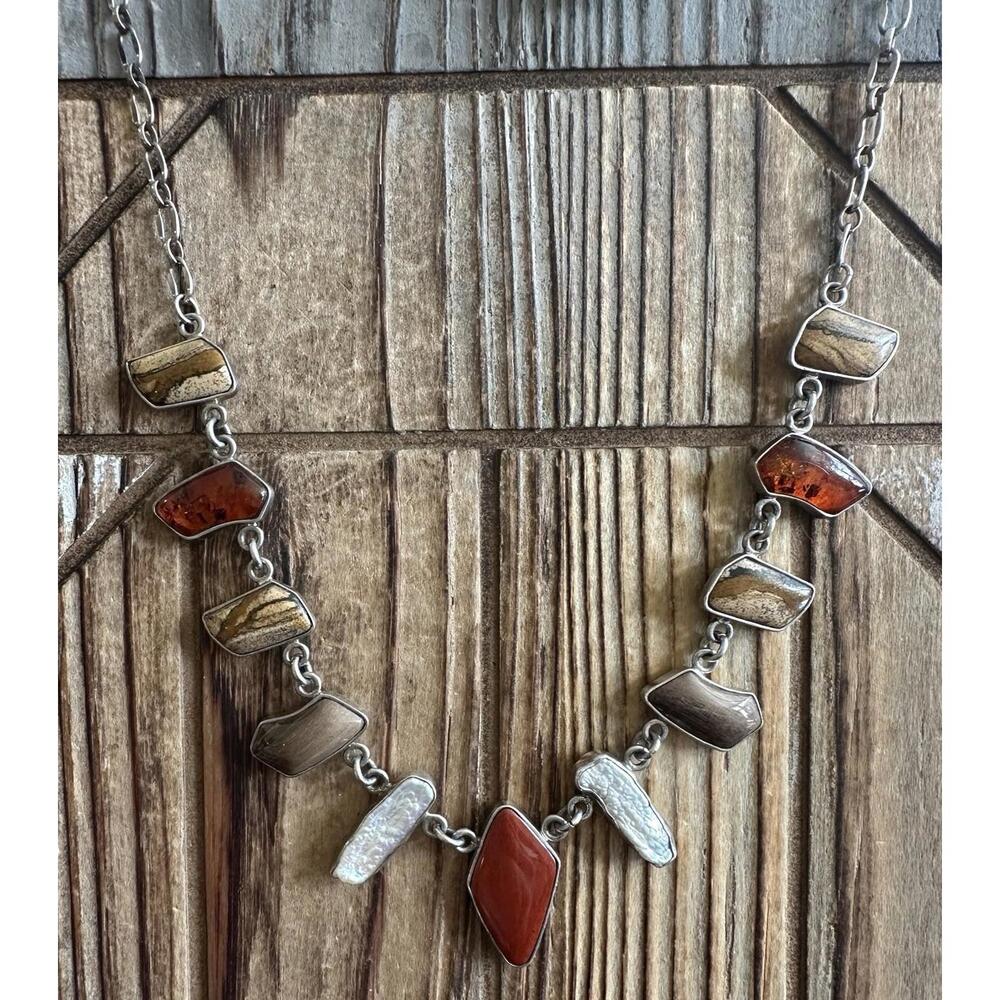 Vintage‎ Jay King Necklace Jasper Amber Biwa Pearl 925 DTR